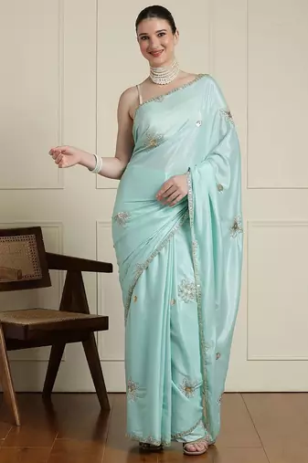 Blue floral embroidered beads and stones saree