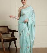 Blue floral embroidered beads and stones saree