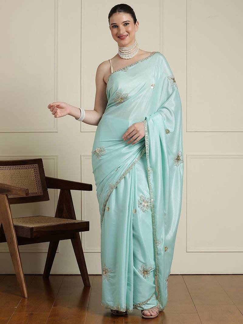 Blue floral embroidered beads and stones saree
