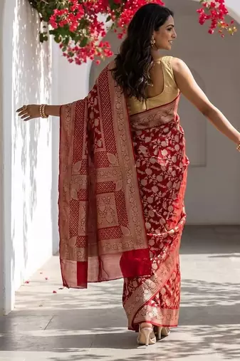 Red khadi woven saree with blouse