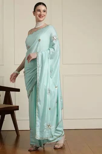 Blue floral embroidered beads and stones saree