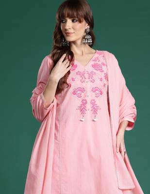 Pink embroidered pure cotton kurta trouser dupatta set 1