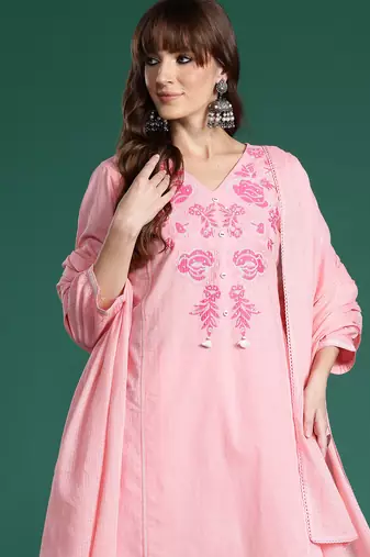 Pink embroidered pure cotton kurta trouser dupatta set