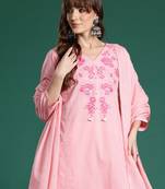 Pink embroidered pure cotton kurta trouser dupatta set