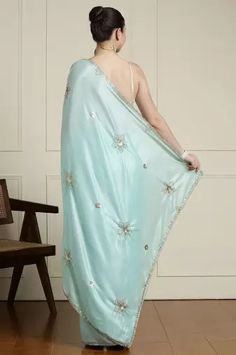 Blue floral embroidered beads and stones saree