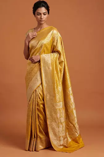 Yellow satin woven saree with blouse
