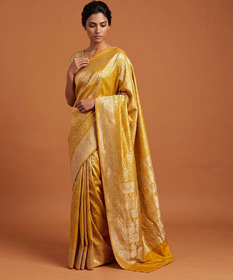 Yellow satin woven saree with blouse