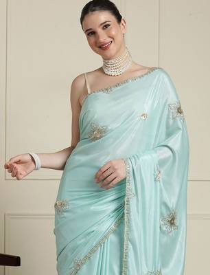 Blue floral embroidered beads and stones saree 4