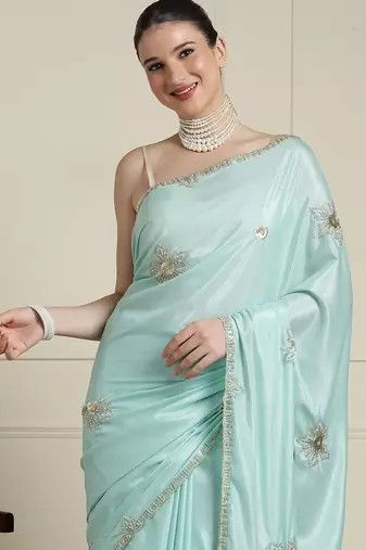 Blue floral embroidered beads and stones saree