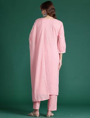 Pink embroidered pure cotton kurta trouser dupatta set 2