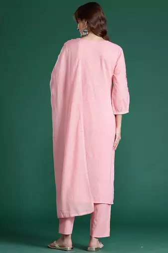 Pink embroidered pure cotton kurta trouser dupatta set