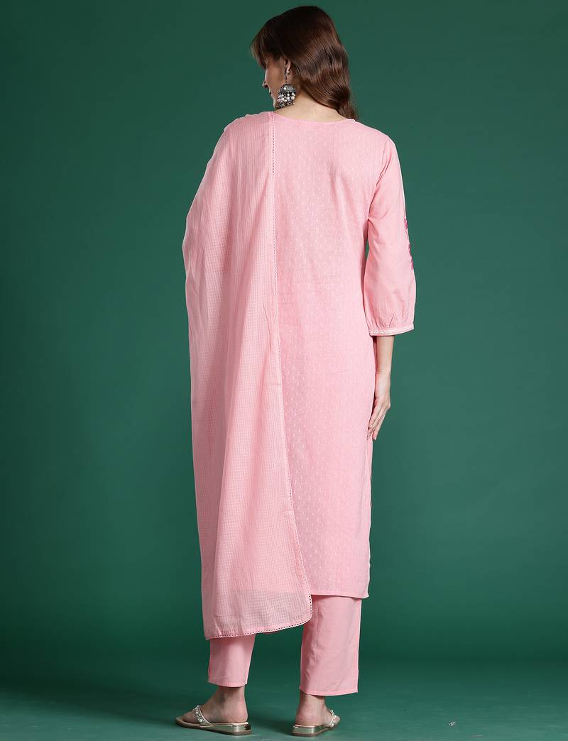 Pink embroidered pure cotton kurta trouser dupatta set