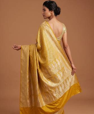 Yellow satin woven saree with blouse 3