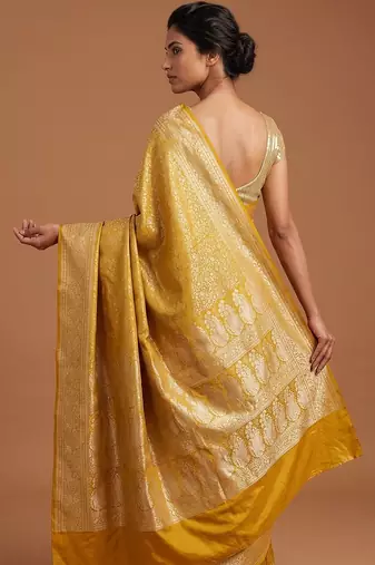Yellow satin woven saree with blouse