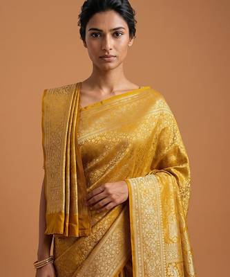 Yellow satin woven saree with blouse 4