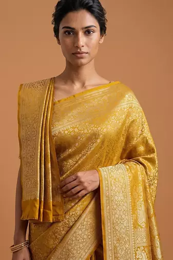 Yellow satin woven saree with blouse