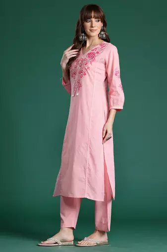 Pink embroidered pure cotton kurta trouser dupatta set