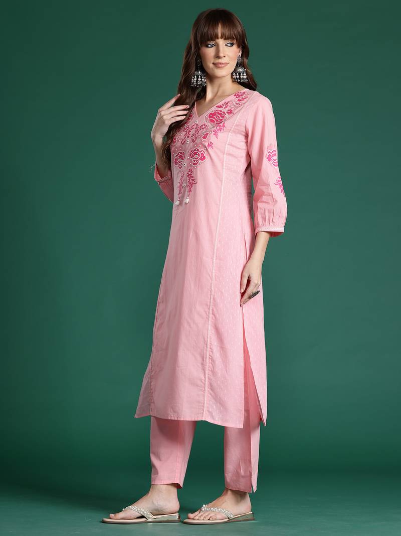 Pink embroidered pure cotton kurta trouser dupatta set