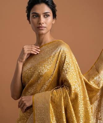 Yellow satin woven saree with blouse 5
