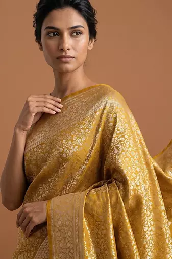 Yellow satin woven saree with blouse