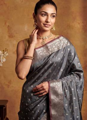Grey katan silk woven saree with blouse 2