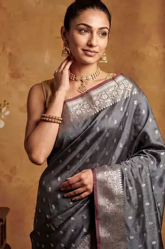 Grey katan silk woven saree with blouse