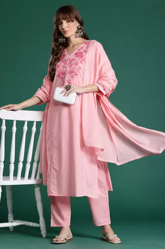 Pink embroidered pure cotton kurta trouser dupatta set