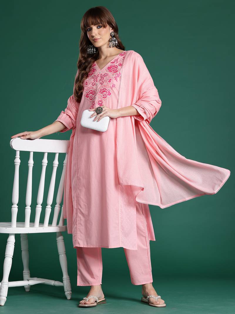 Pink embroidered pure cotton kurta trouser dupatta set