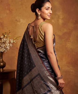 Grey katan silk woven saree with blouse 3