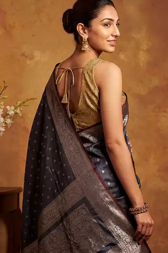 Grey katan silk woven saree with blouse