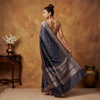 Grey katan silk woven saree with blouse 4