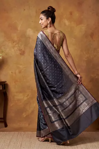 Grey katan silk woven saree with blouse