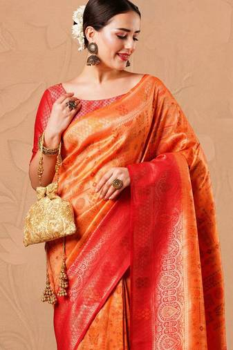 Orange ethnic motifs woven design kanjeevaram silk designer saree