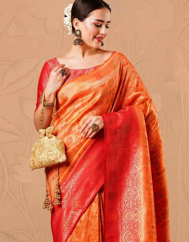 Orange ethnic motifs woven design kanjeevaram silk designer saree