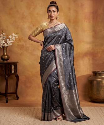 Grey katan silk woven saree with blouse 1