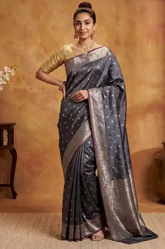 Grey katan silk woven saree with blouse