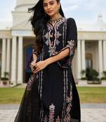 Black embroidered silk blend kurta trouser dupatta set