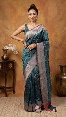 Teal blue katan silk woven saree with blouse 1