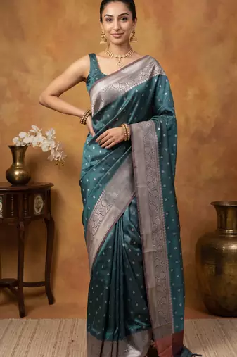 Teal blue katan silk woven saree with blouse