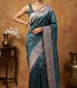 Teal blue katan silk woven saree with blouse