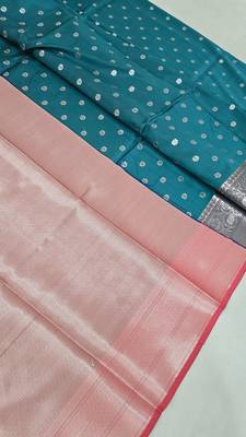 Teal blue katan silk woven saree with blouse 2