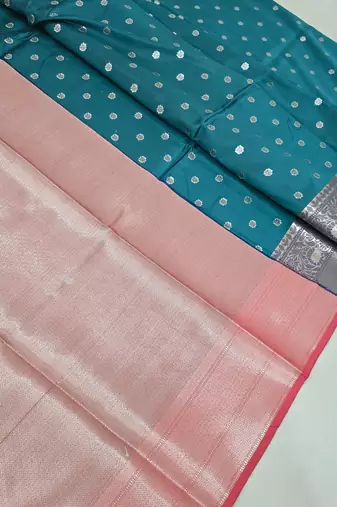 Teal blue katan silk woven saree with blouse
