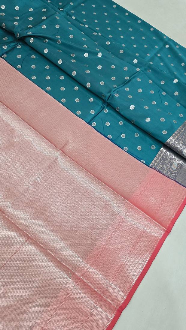Teal blue katan silk woven saree with blouse
