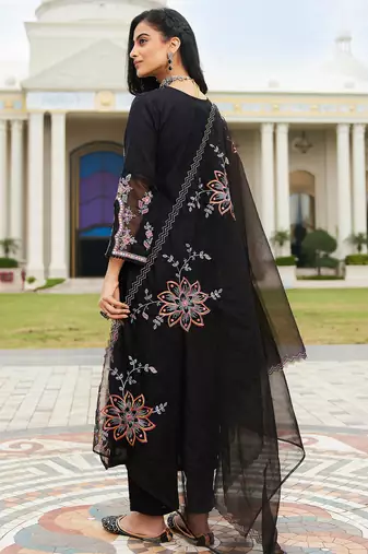 Black embroidered silk blend kurta trouser dupatta set