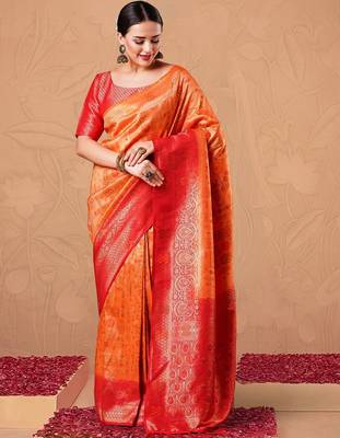 Orange ethnic motifs woven design kanjeevaram silk designer saree 2