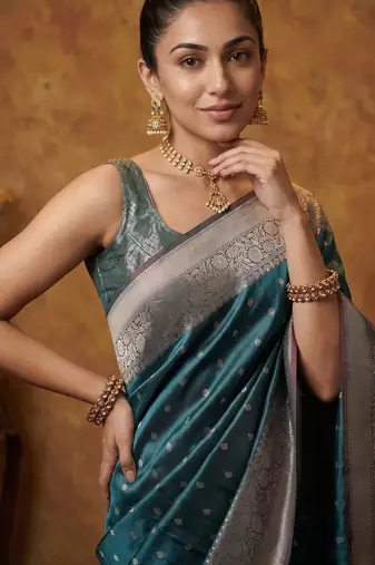 Teal blue katan silk woven saree with blouse
