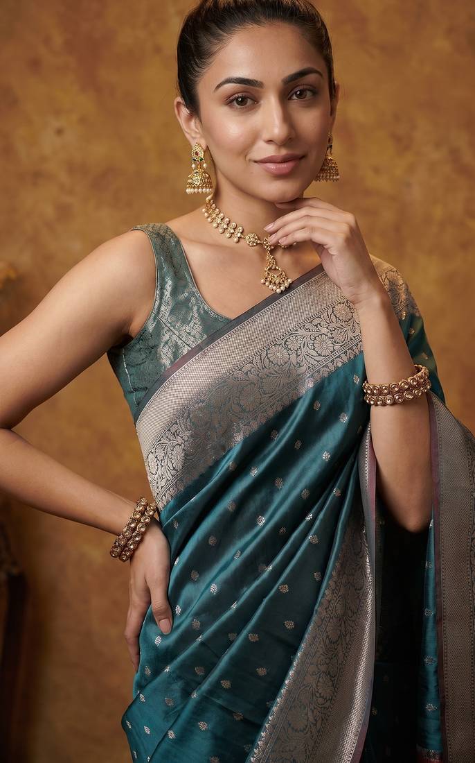Teal blue katan silk woven saree with blouse