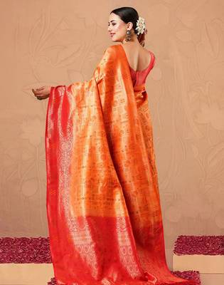 Orange ethnic motifs woven design kanjeevaram silk designer saree 3