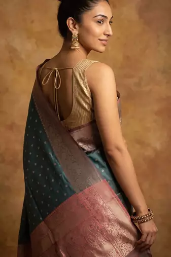 Teal blue katan silk woven saree with blouse