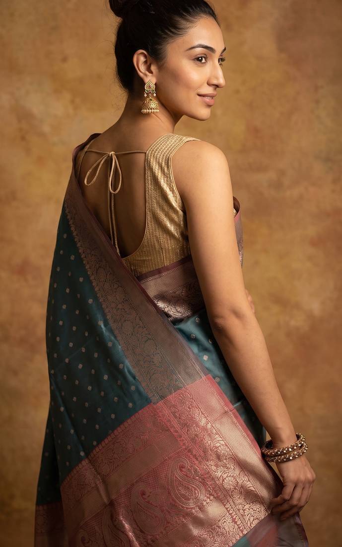 Teal blue katan silk woven saree with blouse